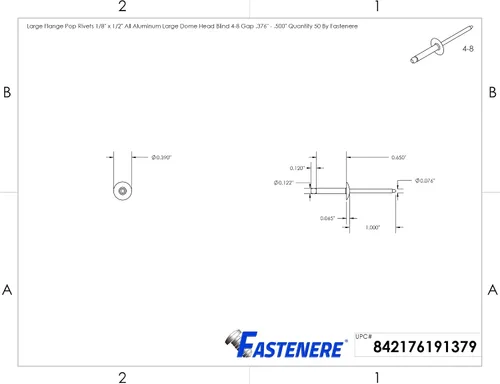 Miniatura 2 de Fastenere Remaches Pop de Brida Grande - 1/8" x 1/2" (50 piezas) Resistentes, de Extremo Abierto, Aluminio Resistente a la Corrosión, Alta