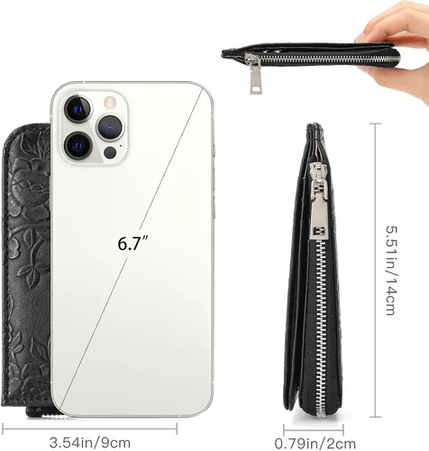 Miniatura 4 de GAEKEAO Cartera pequeña porta tarjetas de crédito para mujeres RFID de cuero delgada tipo pulsera con llavero y bolsillo con cremallera, Negro