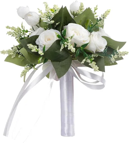 Miniatura 3 de EUBUY Ramos de boda para dama de honor, rosas artificiales blancas de 10.2 pulgadas, juego de ramos de seda de la serie Forest con lazo de cinta
