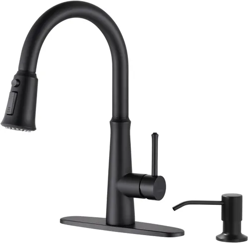 Miniatura 10 de WOWOW Grifos de cocina negro mate con rociador extraíble, grifo de fregadero de cocina de acero inoxidable para fregaderos de 1 o 3 agujeros, grifo