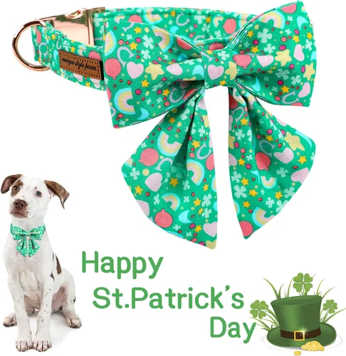 Miniatura 3 de Unique style paws Collar de perro del día de San Patricio con corbata, collar de cachorro de corazón de trébol de arco iris para niños pequeños