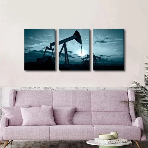 Miniatura 4 de TUMOVO Bombas de aceite en la puesta de sol para dormitorio, industria de petróleo y gas, pinturas de pared de 3 piezas de arte de pared de petróleo