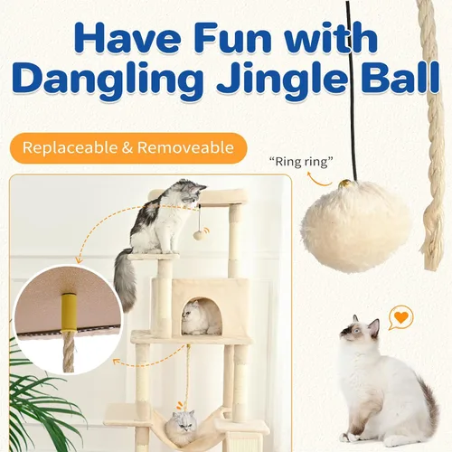 Miniatura 4 de ABCPET Torre de árbol para gatos de 63 pulgadas de varios niveles para gatos de interior con postes rascadores de sisal, condominio, hamaca, bola