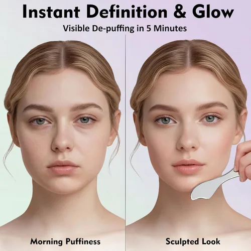 Miniatura 4 de Juego de rodillo facial de acero inoxidable 3 en 1 y Gua Sha – Herramientas de masaje facial de enfriamiento para esculpir, deshinchar y definir