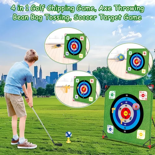 Miniatura 3 de Juego de astillado de golf con soporte: juego de objetivos de golf de batalla 4 en 1 con 16 bolas adhesivas, 8 bolsas de frijol, 2 pelotas