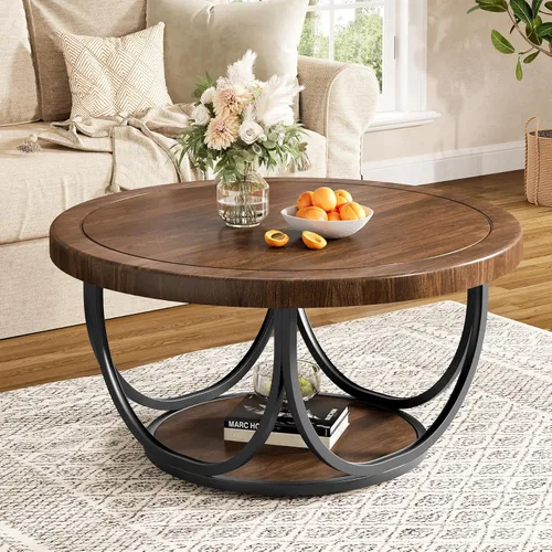 Tribesigns Mesa auxiliar redonda con 2 niveles, mesa de cóctel circular de madera de 31.5 pulgadas con estante de almacenamiento y marco de metal,