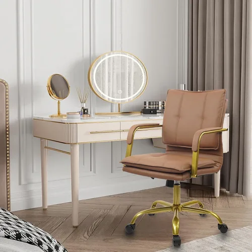 Miniatura 8 de CLATINA Sillas de Escritorio de Cuero para Oficina en Casa, Silla Giratoria de Respaldo Medio para Computadora con Patas y Brazos Dorados, Cómoda