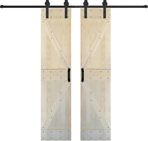 Miniatura 16 de Serie K de 60 x 84 pulgadas (30 x 84 pulgadas x 2 paneles) Puerta corredera clásica de madera maciza con acabado de nogal con riel de herrajes