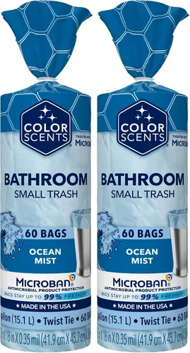 Color Scents Bolsas de basura pequeñas – 4 galones, 60 bolsas (60 unidades), Twist Tie – Bolsa azul claro con aroma a niebla oceánica con microban