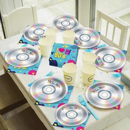 Miniatura 5 de 200 piezas de platos para fiesta de los 90, servilletas, juego de vajilla de CD mix de los 90 para decoración de fiesta temática retro de los 90