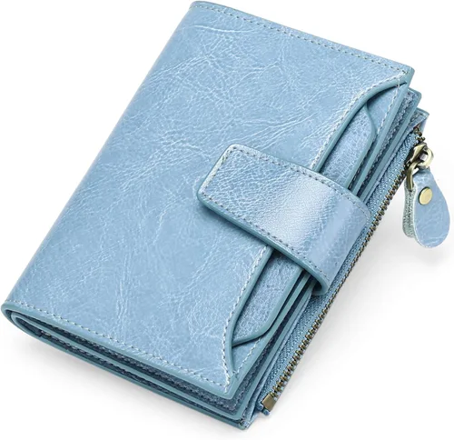 FALAN MULE - Cartera de cuero auténtico para mujer, pequeña, plegable y compacta, con bloqueo de interferencia de radiofrecuencia (RFID)