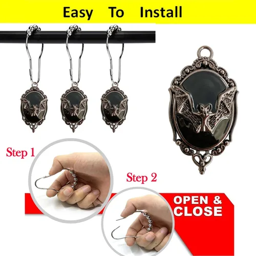 Miniatura 6 de Juego de 12 anillos de ganchos para cortina de ducha, murciélagos vampiros góticos, suministros para fiesta de Halloween, decoración de casa Fondo