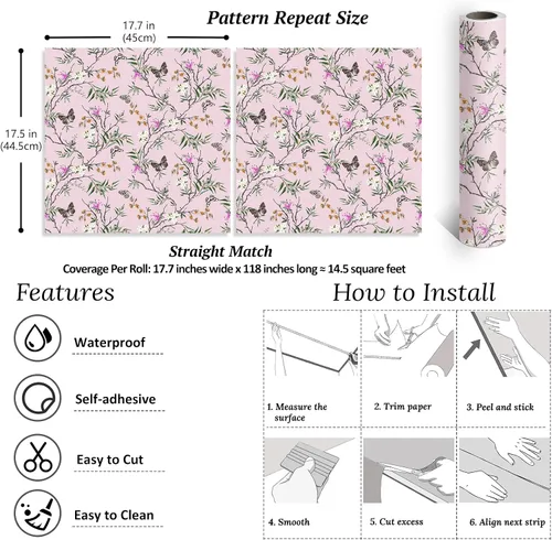 Miniatura 8 de VEELIKE Papel tapiz de estilo chinoiserie rosa con diseño de mariposas para dormitorio, habitación de niñas, 17.7 x 118 pulgadas, papel de contacto