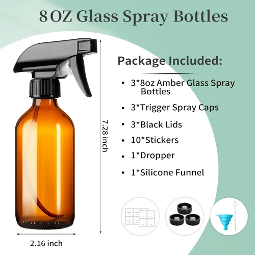 Miniatura 2 de GIVAMEIHF Botellas de spray de vidrio ámbar de 8 onzas, paquete de 3 botellas vacías de vidrio recargables con boquilla ajustable, botella rociadora