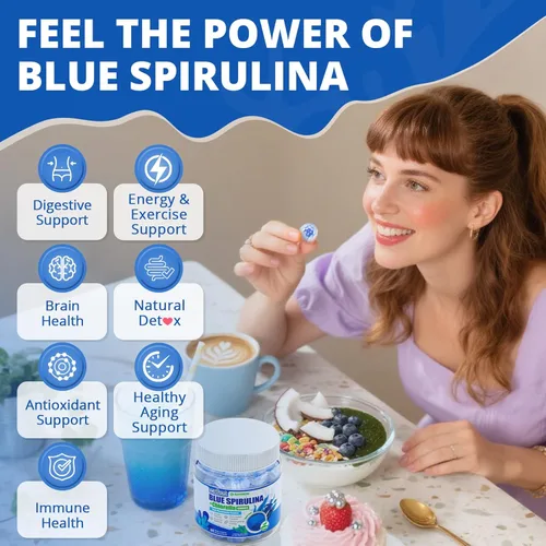 Miniatura 7 de Gomitas de espirulina azul orgánica, alta ficocianina de algas azul-verdes ricas en nutrientes para antioxidantes, energía celular y limpieza