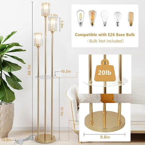 Miniatura 6 de HMVPL Lámparas de pie doradas para sala de estar, lámpara de pie moderna con estantes, lámparas de pie de cristal con mesa, lámpara alta de latón