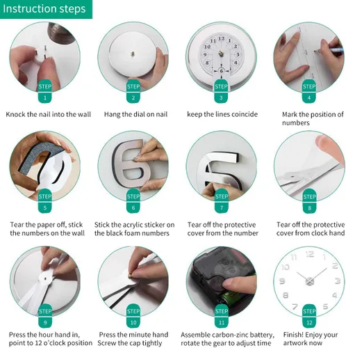 Miniatura 7 de AILILIFE Reloj de pared 3D DIY con adhesivo para decoración de espejo, sin marco, kit de reloj de pared grande para el hogar, sala de estar, Dorado