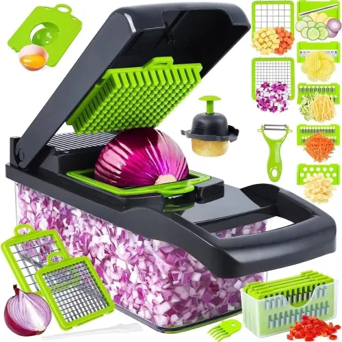 Miniatura 6 de Picadora de verduras 16 en 1 y picadora de alimentos con recipiente, cortador de cebolla, cortador de verduras con 7 cuchillas para ensalada