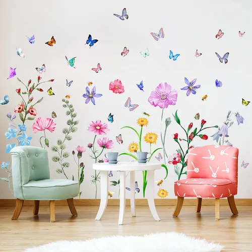 Calcomanías de pared de flores coloridas con mariposa y abeja, 58 unidades, calcomanías de pared de flores extraíbles, bricolaje para despegar y