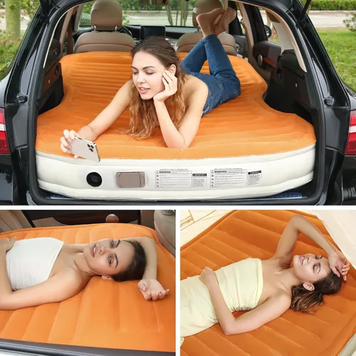 Miniatura 7 de KMZ Colchón de aire SUV con bomba incorporada y 2 almohadas, PVC flocado grueso, cama de aire de inflado rápido de 90 segundos, cama de aire Naranja