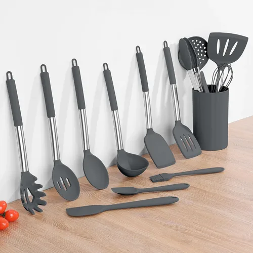 Miniatura 9 de Onader Juego de Utensilios de Cocina de 15, Utensilios de Silicona y Acero Inoxidable Juego de Espátulas con Soporte, Resistente al Calor y Apto Gris