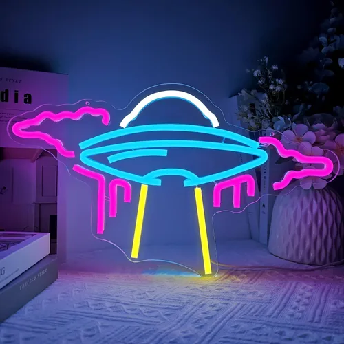 Letrero de neón OVNI de nave espacial con luces LED de neón regulables para pared, letrero de neón OVNI para dormitorio, niños, espacio de juegos,