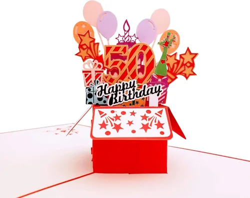 Miniatura 2 de iGifts And Cards Tarjeta de felicitación emergente 3D con caja de fiesta de cumpleaños número 50 color rojo – Cincuenta, impresionante, globos