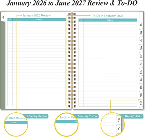 Miniatura 3 de Agenda mensual 2026-2027, enero 2026 a junio 2027, dos páginas por mes, calendario mensual de 18 con pestañas, bolsillo interior, 6.4 x 8.5 Negro