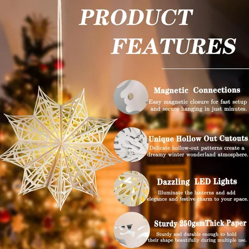 Miniatura 4 de 10 piezas de linternas de copo de nieve de papel de Navidad, grandes linternas de papel de estrella de Navidad con luces LED, adornos blancos