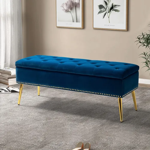 Miniatura 10 de HULALA HOME Moderno banco otomano de almacenamiento de terciopelo con base dorada y borde de cabeza de clavos, banco tapizado para dormitorio