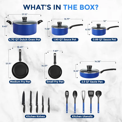Miniatura 3 de SereneLife Juego de 20 utensilios de cocina azules con cuchillos, incluye ollas y sartenes de varios tamaños, antiadherentes con tapas y utensilios
