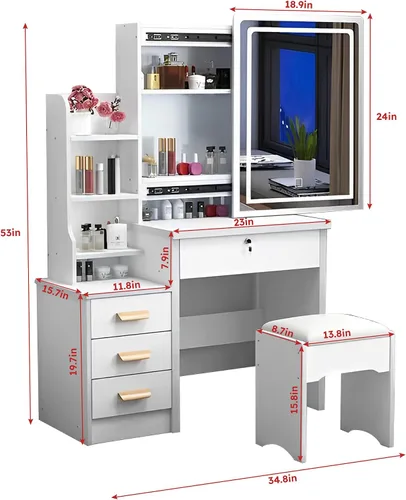 Miniatura 5 de Runboll - Tocador con espejo LED y luces, mesa de maquillaje con taburete acolchado, juego de tocador con 4 cajones, 3 estantes para dormitorio