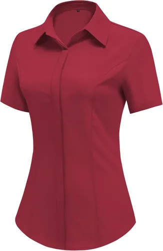 Miniatura 7 de HOTOUCH Camisas de manga corta con botones para mujer, blusa con cuello ajustado, blusa básica de verano para oficina, tallas S-2XL