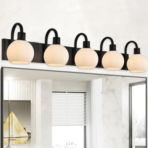 Miniatura 18 de Accesorios de iluminación de tocador de baño negros de 5 luces sobre espejo, iluminación moderna de pared con apliques de vidrio esmerilado