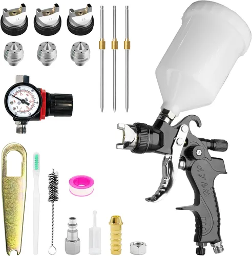 HVLP - Kit de pistola de pulverización con boquillas de 1.4/1.7/0.079 in y presión de aire, pistola de pintura automotriz de alimentación por