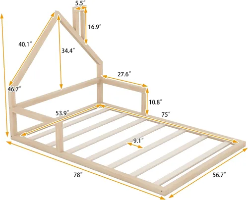 Miniatura 2 de MERITLINE - Cama de suelo de tamaño matrimonial para niños, marco de cama Montessori de madera con cabecera y rieles en forma de casa, plataforma
