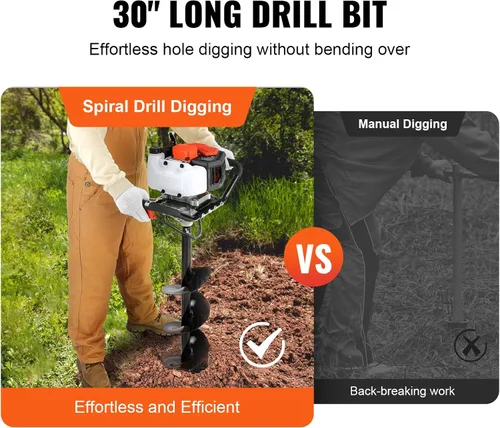 Miniatura 5 de VEVOR Excavadora de Agujeros para Postes, Excavadora de Agujeros para Postes con Barrena de 43cc 1250W, Excavadora de Tierra a Gas con Broca