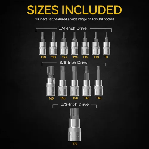 Miniatura 2 de Torx Star Bit Socket Set, 1/2" 3/8" 1/4" Drive, T8 - T70, S2 y Cr-V Acero, 13 piezas