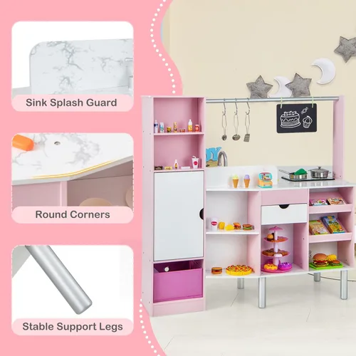 Miniatura 9 de Costzon Juego de cocina 2 en 1 para niños y tienda de comestibles, cocina de juego de simulación de doble cara con luz y sonido, máquina de hielo