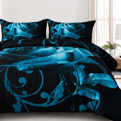 Miniatura 10 de WONGS BEDDING Juego de edredón azul tamaño matrimonial, juego de edredón reversible con estampado de rosas azules con 2 fundas de almohada