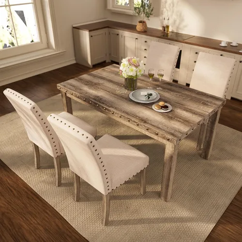 Miniatura 7 de Morden Fort Juego de Comedor Estilo Granja para 4, Mesa Rectangular de Madera de 60" y 4 Sillas Tapizadas con Detalles de Tachuelas, Juego de Mesa