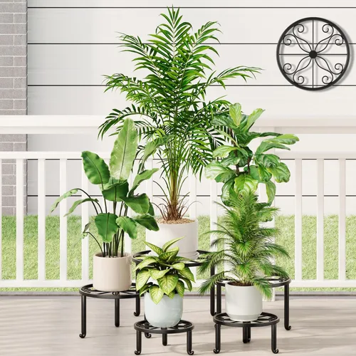 Miniatura 11 de Paquete de 5 soportes para macetas de hierro resistentes a la oxidación para interiores y exteriores, soporte decorativo redondo para flores