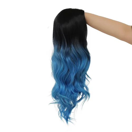 Miniatura 6 de Tseses Pelucas largas y onduladas de color azul degradado para mujer, pelucas de cabello sintético con raíces oscuras, cosplay, fiesta de Halloween
