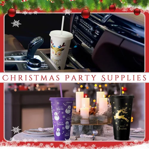 Miniatura 7 de Umigy 24 piezas de tazas de Navidad, tazas de plástico para fiesta de Navidad, 24 oz de tazas reutilizables con tapas y popotes en diferentes temas