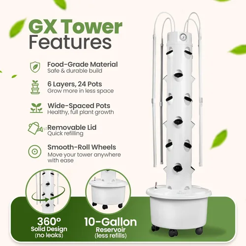 Miniatura 4 de Torre Hidropónica GX Torre Plantadora Vertical Kit de Sistema de Cultivo Hidropónico Grado Alimentario con 24 Macetas de Red