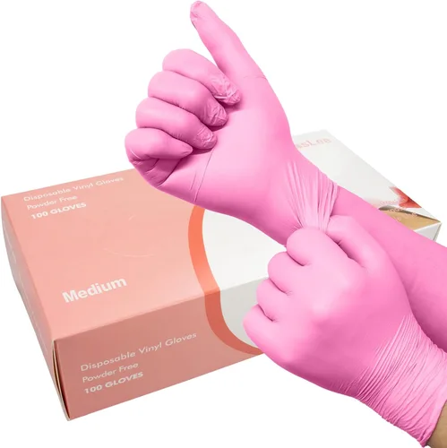 Miniatura 7 de Paquete de 100 guantes desechables de vinilo rosa, sin látex y sin energía, guantes de examen de grado alimenticio para limpieza, preparación