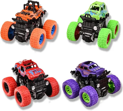 Monster Trucks para niños, paquete de 4 vehículos de tracción para niños pequeños, rotación de 360°, 4 ruedas, autos de fricción duraderos, juguetes