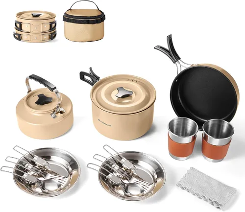 Miniatura 10 de Odoland 15pcs Camping Cookware Mess Kit, Non-Stick Lightweight Pot Pan Kettle Set with Stainless Steel Cups Plates Forks Knives Spoons for Camping