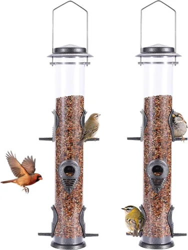 Miniatura 15 de MIXXIDEA 1PK Alimentadores de pájaros metálicos con 6 puertos de alimentación, alimentador de pájaros de tubo con colgador de acero, alimentador