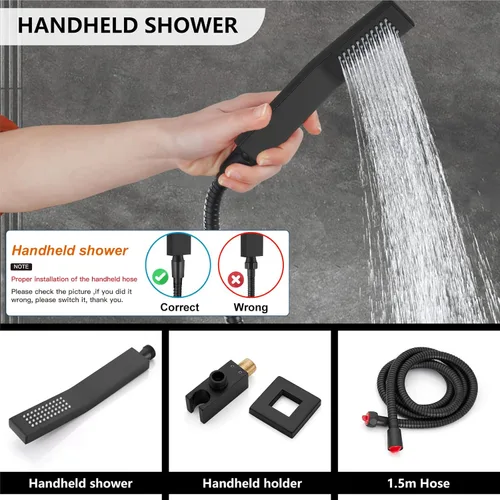 Miniatura 5 de Midanya Juego de grifo de ducha, sistema de ducha de montaje en pared con cabezal de ducha de lluvia cuadrado y rociador manual, cuerpo de válvula